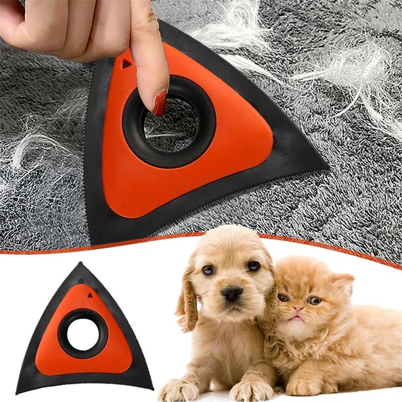 Triangle electrostatic pet hair remover brush in red with three density gears and bow-shaped handle on carpet