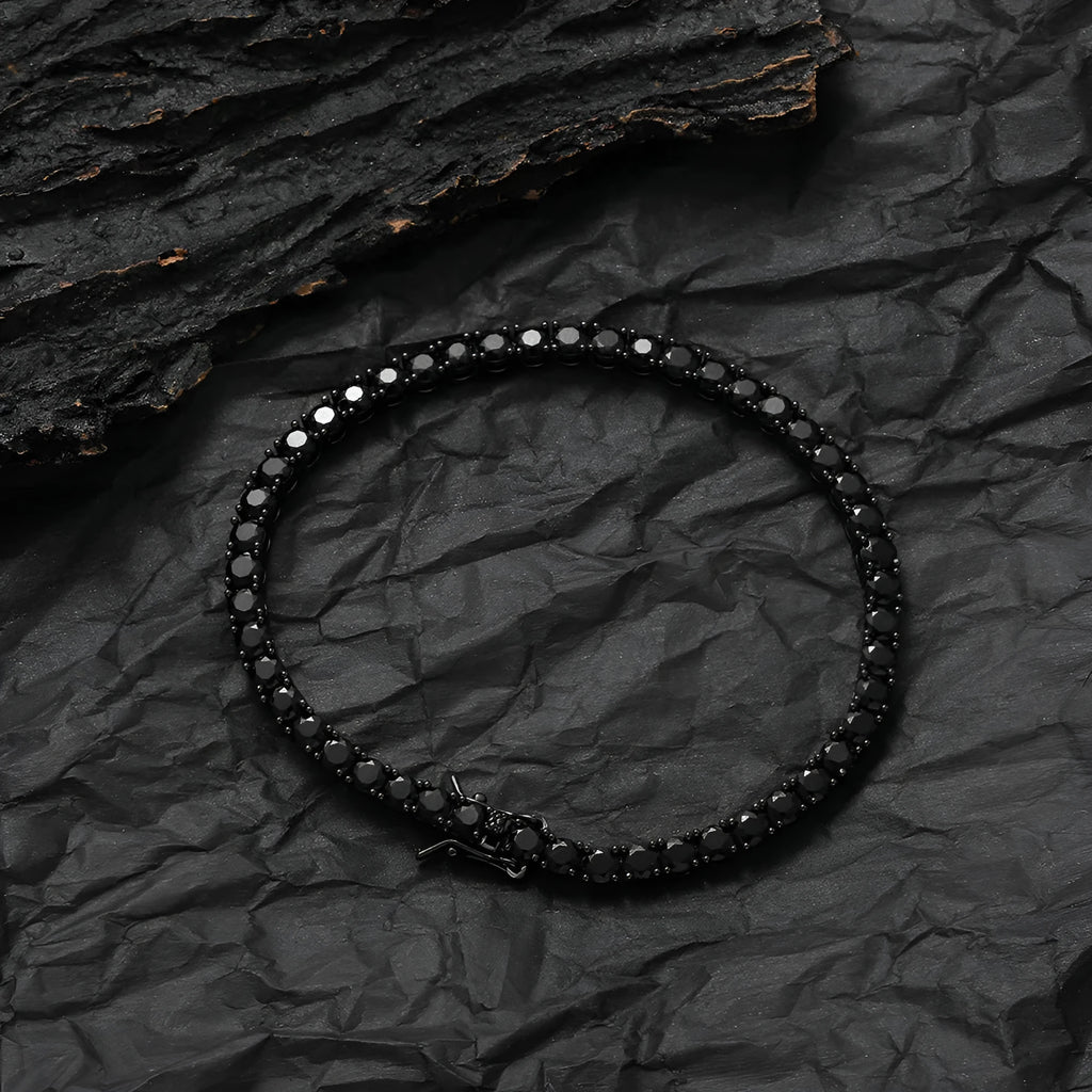 Copper inlaid zircon tennis chain bracelet in gun black, 4mm stones, 8 inch length, unisex hip hop style