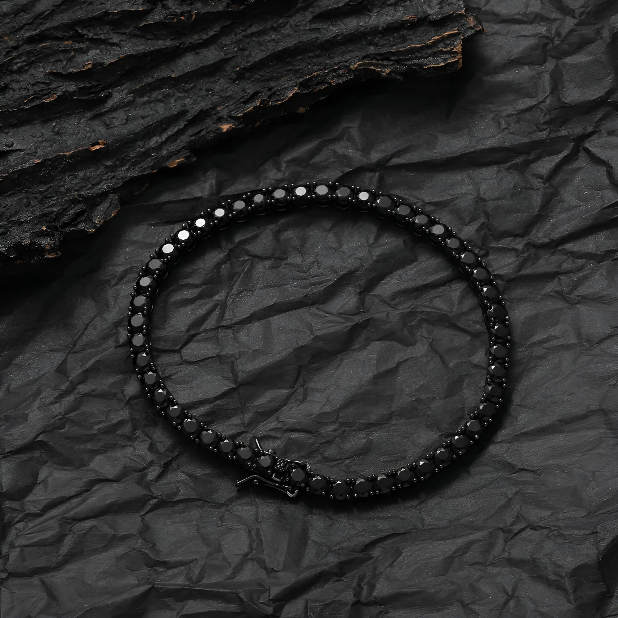 Copper inlaid zircon tennis chain bracelet in gun black, 4mm stones, 8 inch length, unisex hip hop style
