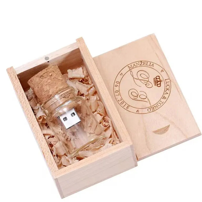 Transparent drift bottle shaped USB flash drive with a wooden cap, showing product dimensions.