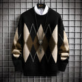 Men's loose geometric plaid sweater with round neck and long sleeves in a blend of acrylic, polyester, and nylon fibres