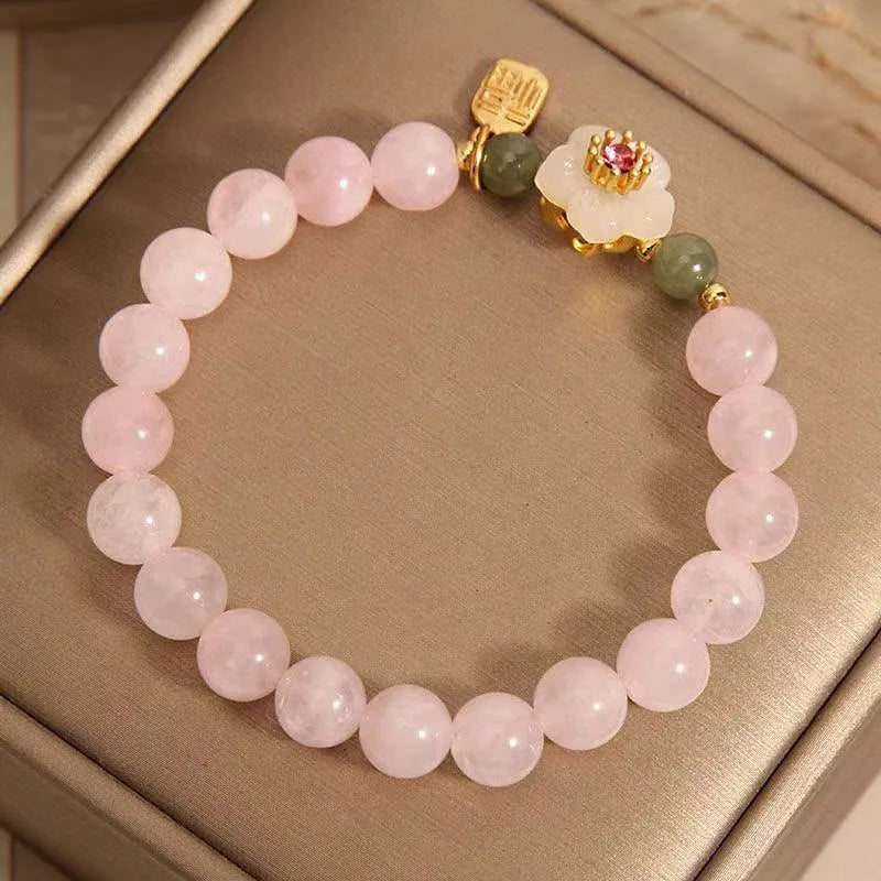 Crystal Hetian Jade beaded peach blossom bracelet with fruit-shaped beads and camellia elements in blessing card colour
