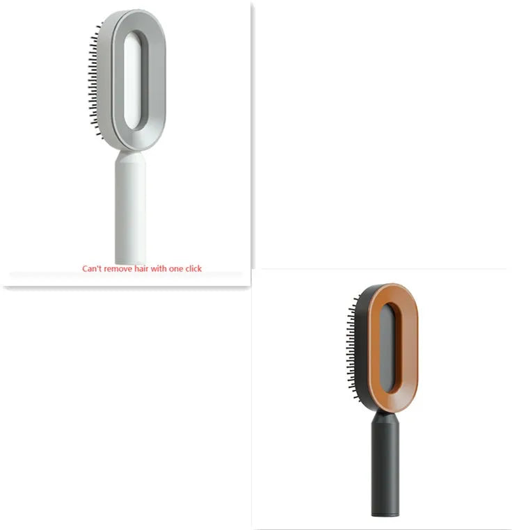 Self-cleaning air cushion hair brush in white, black gold, or black purple with ergonomic handle