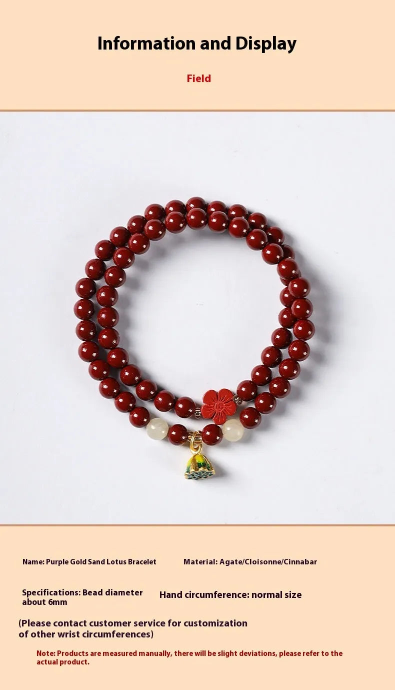 Hand-woven double circle bracelet with purple gold cinnabar beads and lotus design