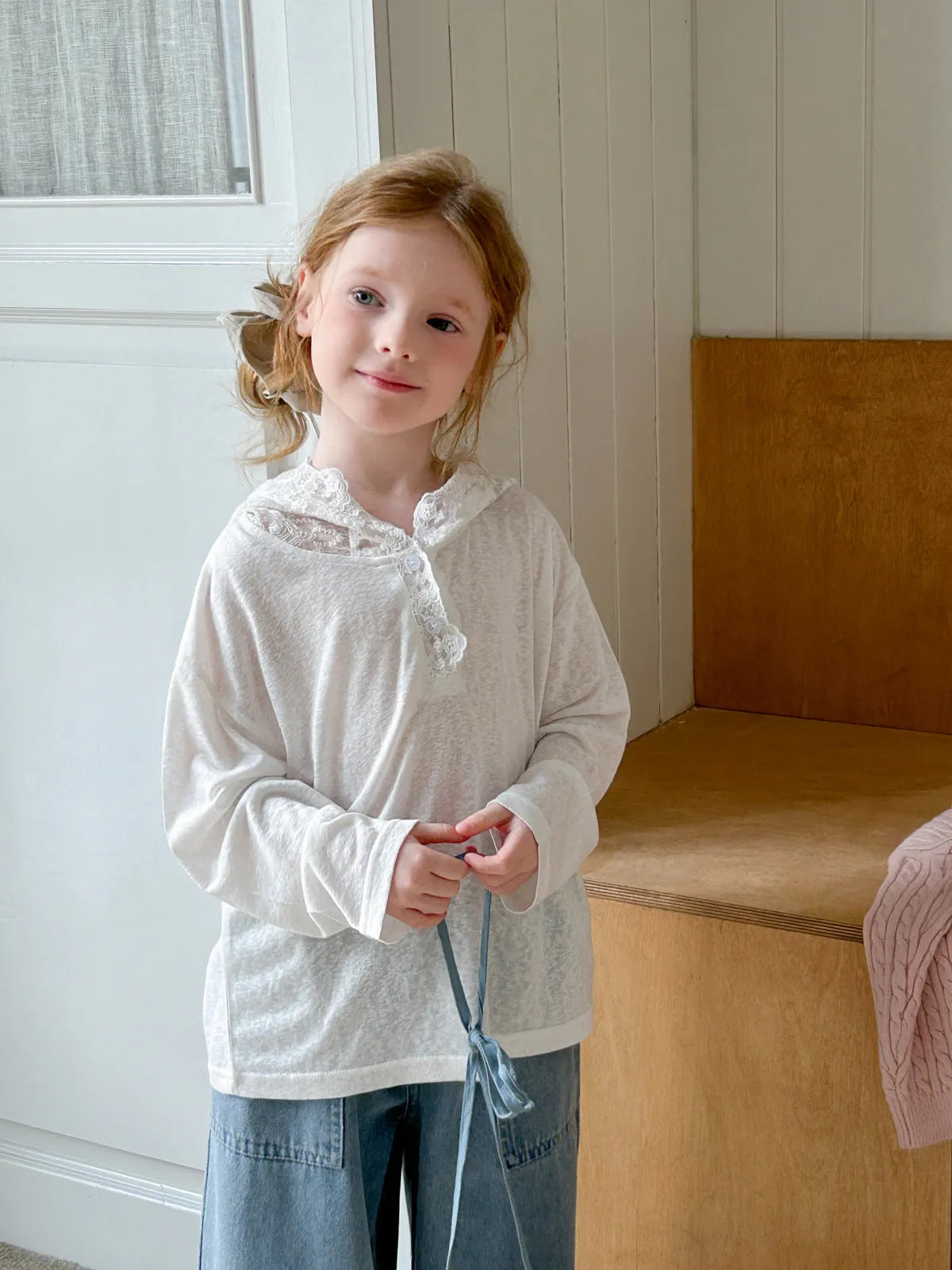 Girls' knitted cotton bottoming shirt top in white for 90-150cm height