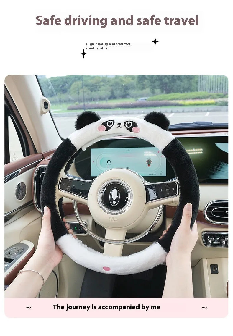 Plush cartoon animal steering wheel cover in rabbit fur fleece for winter, shown on a 38cm car steering wheel.