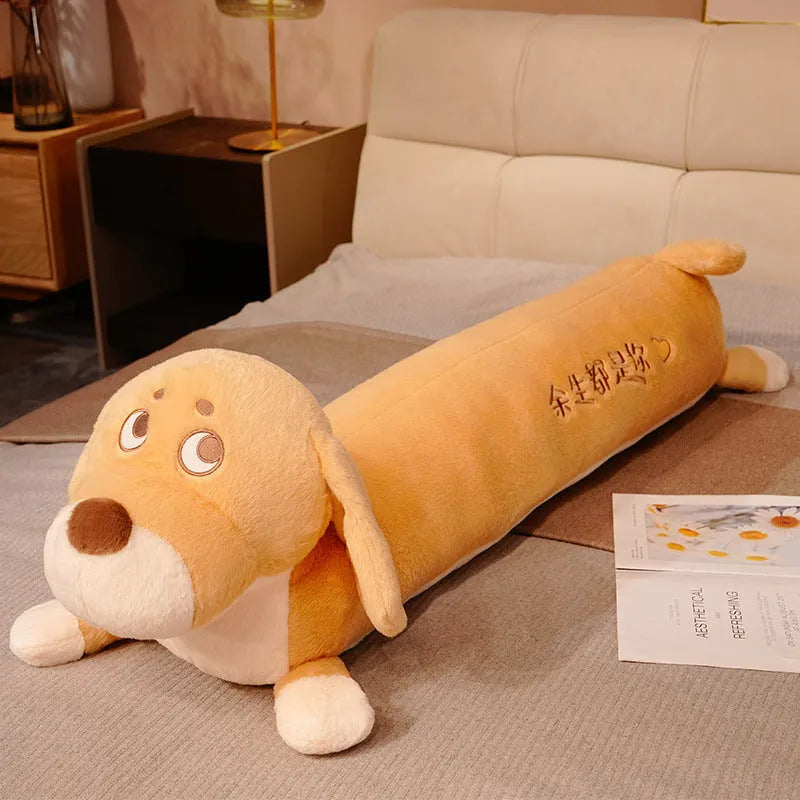 Cute puppy plush long pillow in brown or yellow, 80cm 100cm or 130cm, short plush cover with PP cotton filling