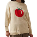 Milky white women's loose-fitting acrylic sweater with jacquard pattern and long sleeves.