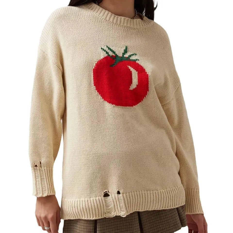 Milky white women's loose-fitting acrylic sweater with jacquard pattern and long sleeves.