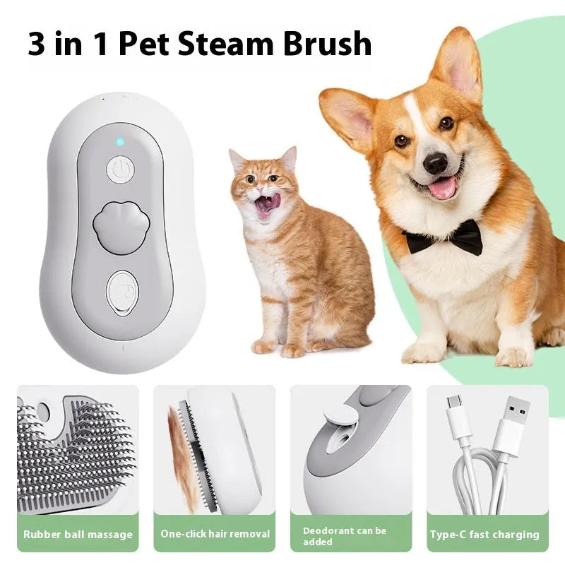 Battery-powered cat grooming comb with spray nozzle and silicone bristles in beige, blue, grey, or orange.