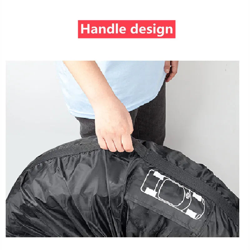 Set of four black polyester car tyre protective covers with a red belt style detail.