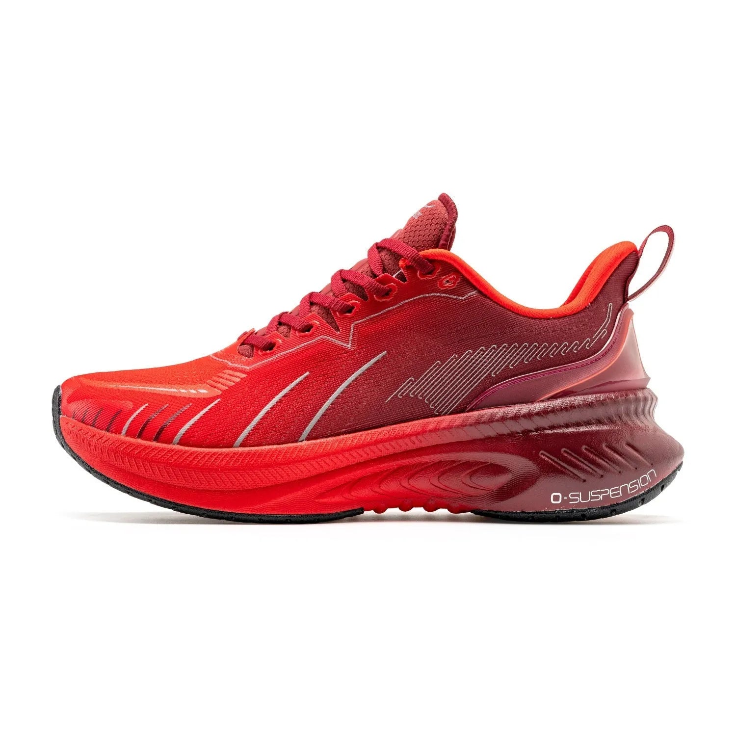 Low-top running sneakers in multiple colours with a striped pattern, PU mesh upper, and rubber sole.