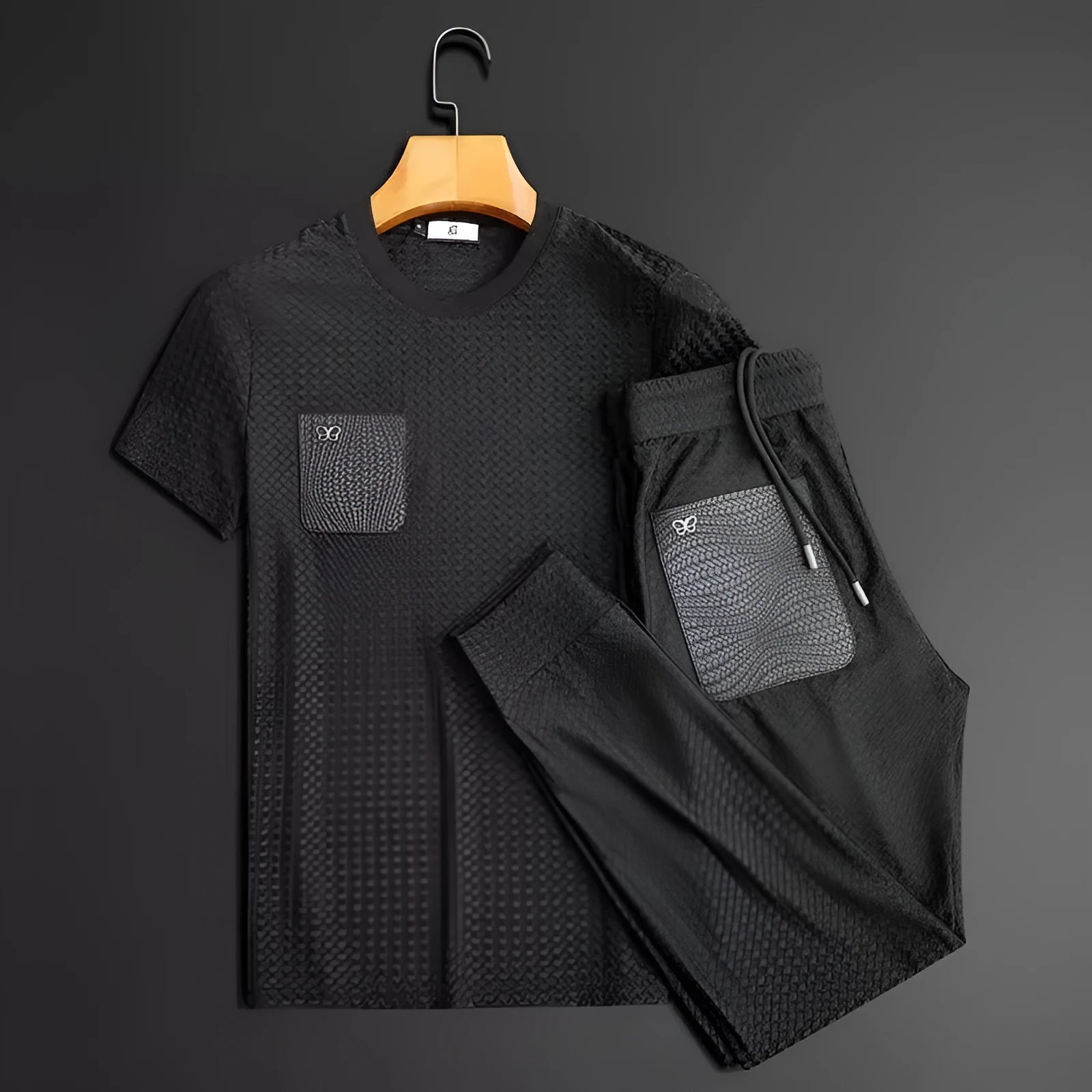 Men's anti-wrinkle houndstooth jacquard slim-fit short sleeve suit set in gray suit colour