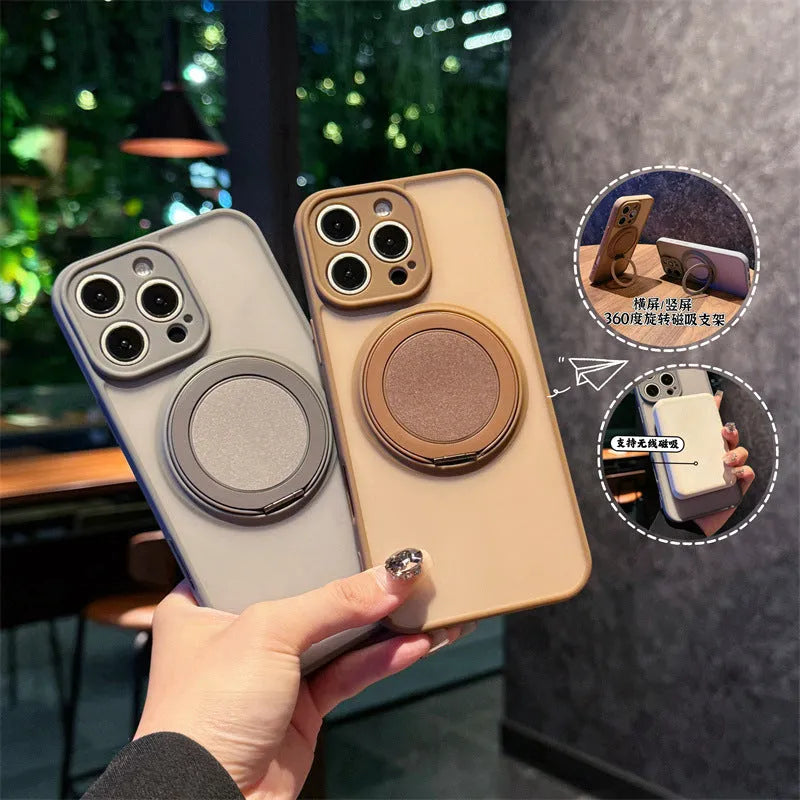 Frosted magnetic rotating bracket phone case for iPhone 17 shown in desert gold colour with bracket extended