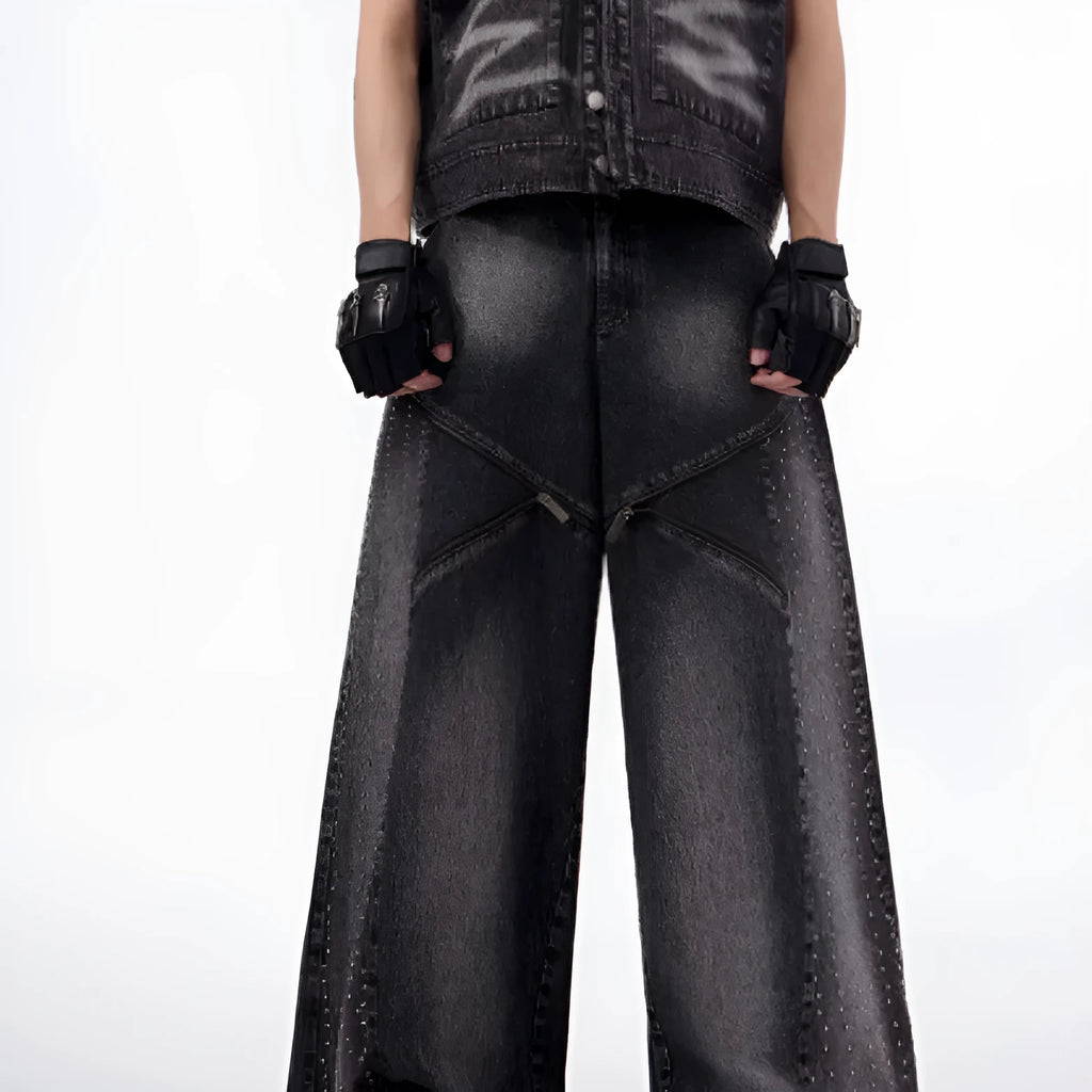 Korean style washed denim two-piece set with wide leg pants and matching waistcoat in black and grey