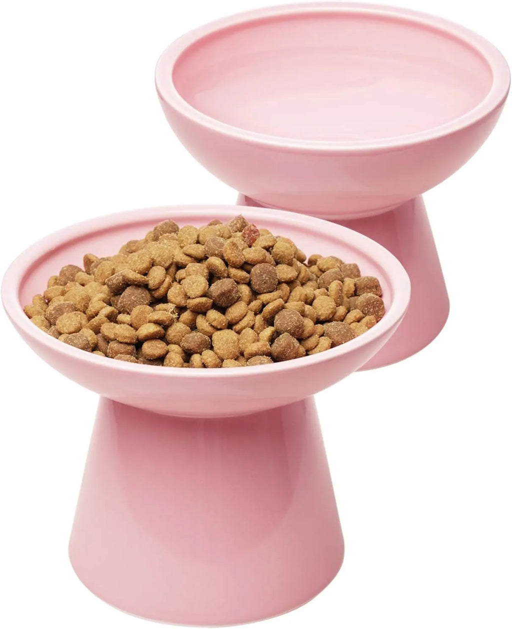 Blue elevated ceramic cat bowl with wide shallow dish for food or water.