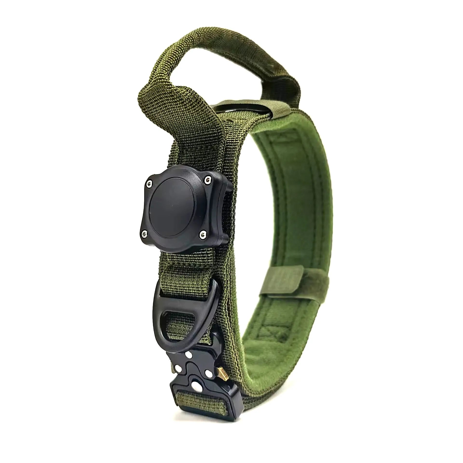 Tactical waterproof dog collar with positioning ring in black army green and khaki colours