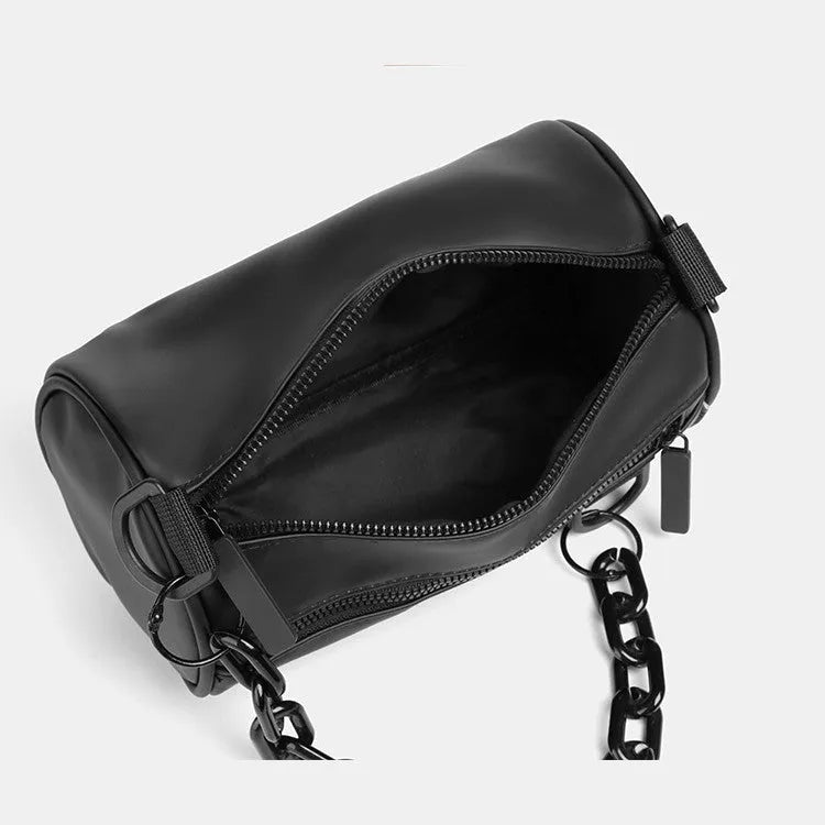 Oxford cloth crossbody messenger bag with chain details in black, grey, or orange colour.