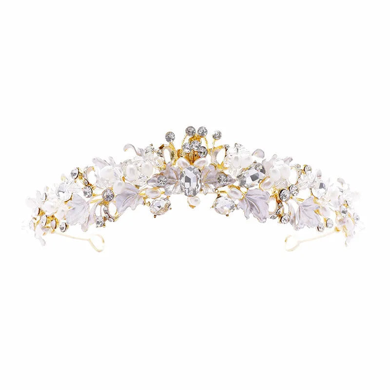 Gold and silver alloy pearl crown headdress for women's weddings and formal occasions