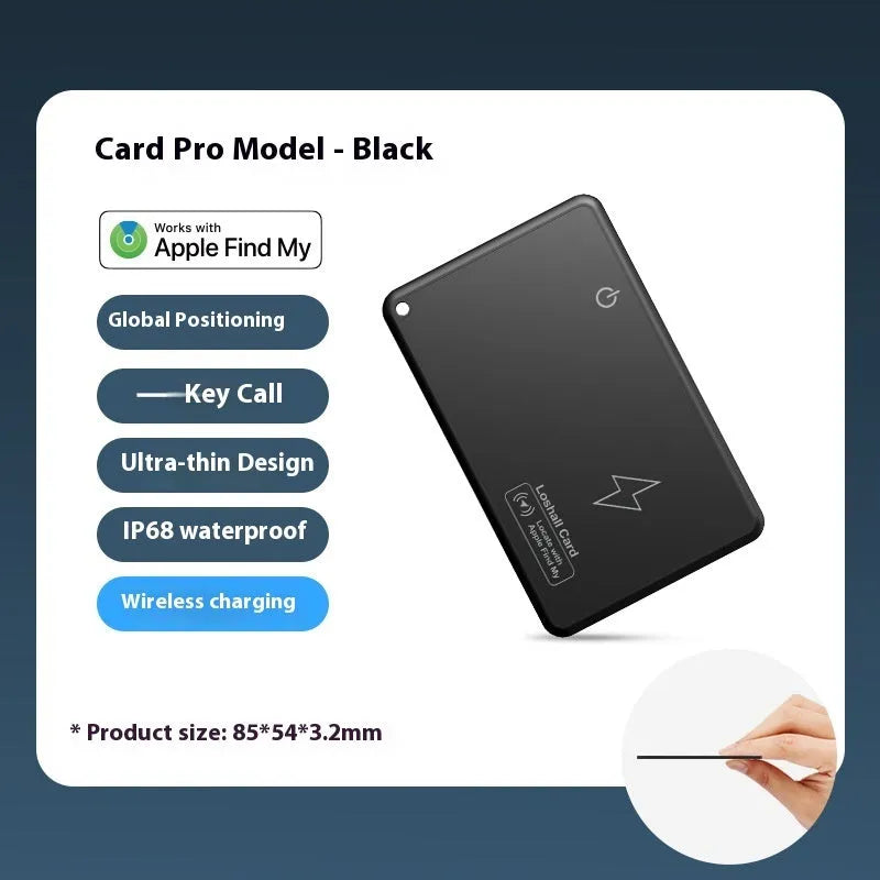 Black rechargeable Find My compatible tracking card with keychain attachment