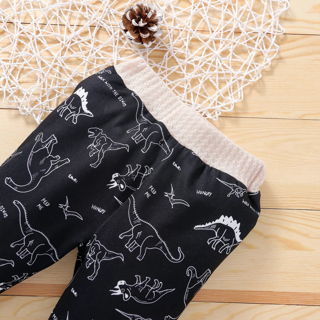 Children's cotton knitted stitching sports suit with cartoon dinosaur pattern in grey colour, pullover style pants set