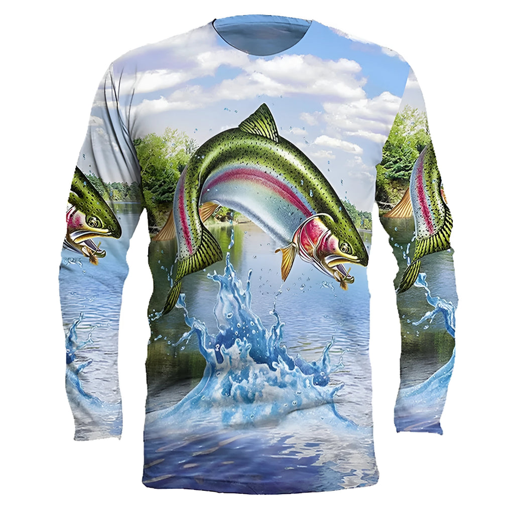 Men's grey round neck long-sleeved pullover with a white fish print design on the chest.