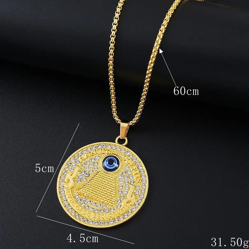 Geometric gold colour alloy pendant necklace with inlaid zircon accents