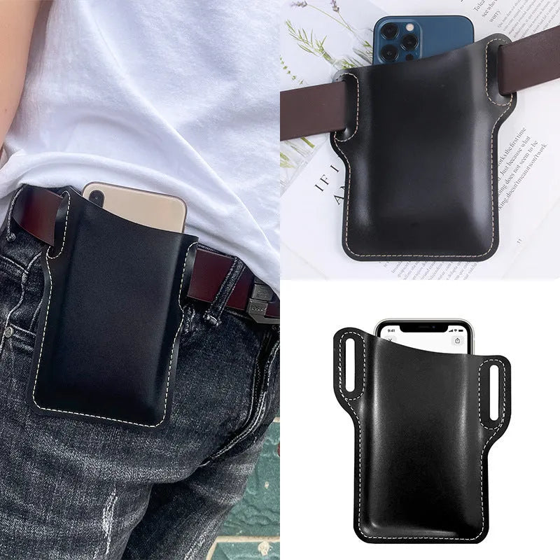 Men's PU square vertical belt waist bag for outdoor mobile phone carry in black colour