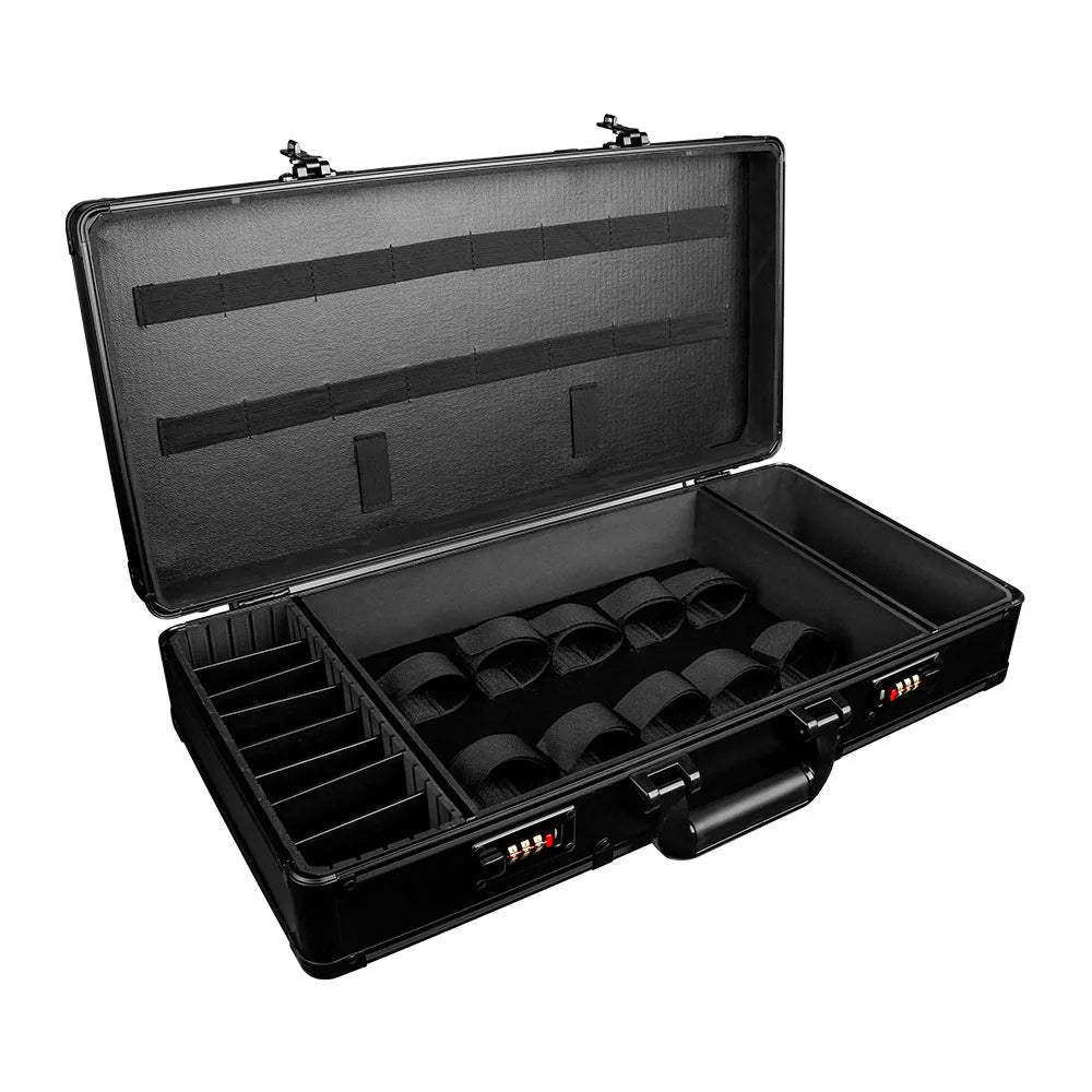 Black PVC storage box for hair tools with measurements showing 55cm length and 27cm height.