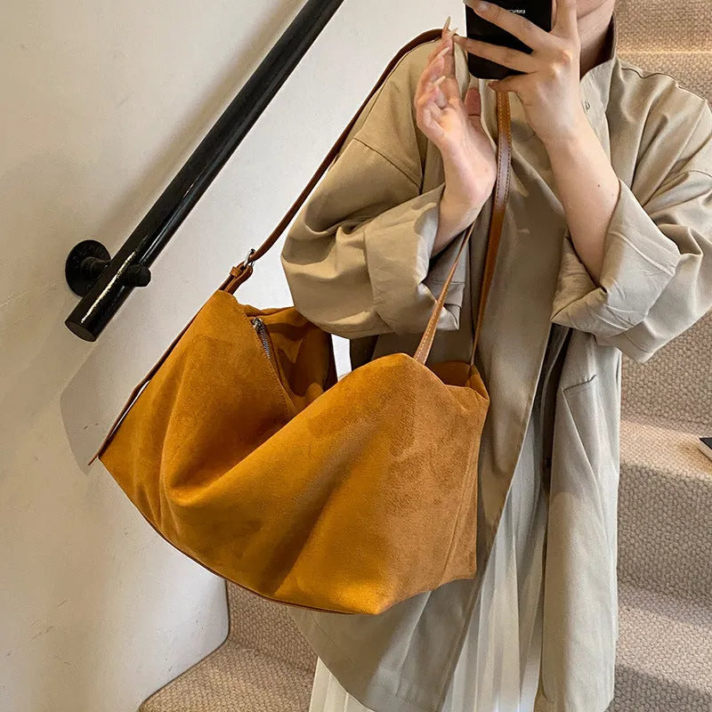 Women's large capacity fashion suede pillow shoulder bag in khaki, made of PU with slit pocket