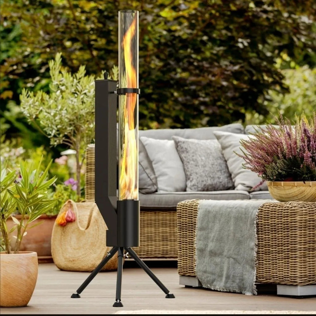 Vertical iron wood burning rocket furnace for courtyard heating with integrated stove design