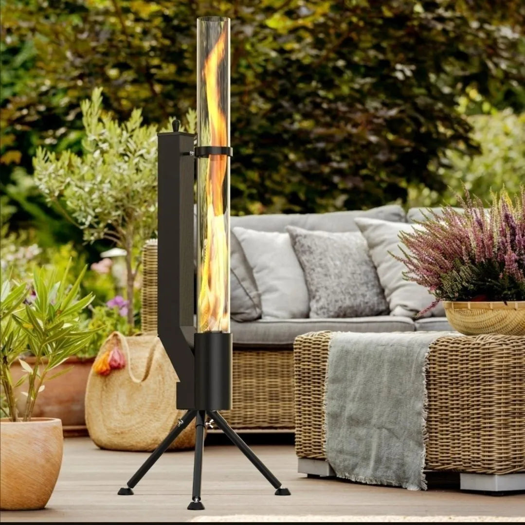 Vertical iron wood burning rocket furnace for courtyard heating with integrated stove design