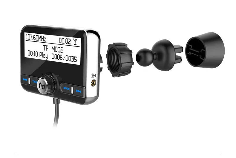 2.4 inch car DAB digital radio adapter with Bluetooth and QC3.0 in black, featuring LCD display and power cord