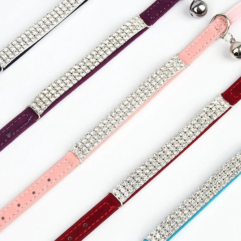 Rhinestone decorated suede velvet cat collar adjustable from 20 to 30 centimetres