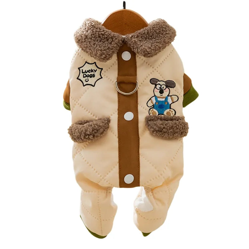 Warm thick Maillard pocket patch four-legged cotton coat for dogs in green, lying on a surface