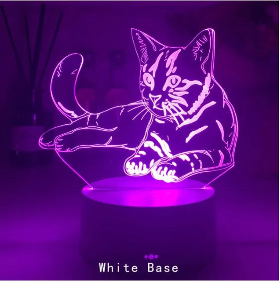 Cat Series 3D acrylic desk lamp with USB cable on black base showing colourful gradient light