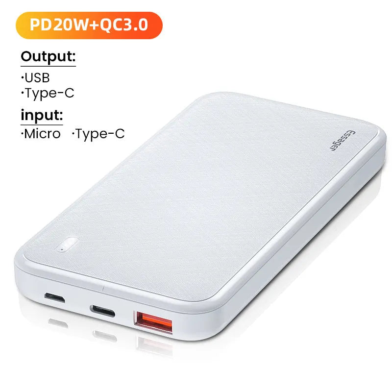 Essager 10000mAh portable power bank in black plastic shell with charging indicator