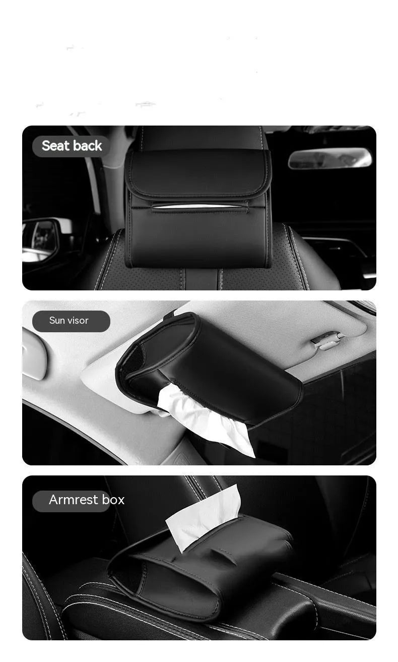 Brown leather car tissue box with elastic strap hanging on a car seat back.