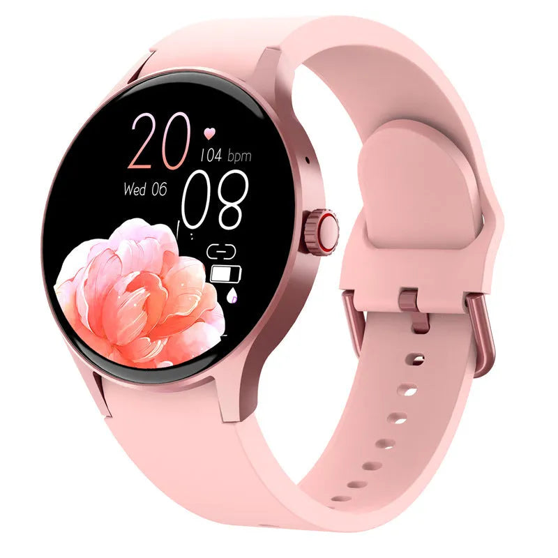 46mm diameter smart sport watch with circular touch screen in black, blue, pink, or red colours
