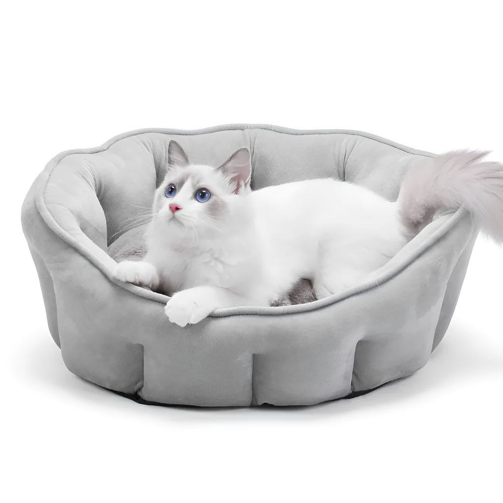 Grey plush cat kennel mat house with thickened sides, measuring 46cm square