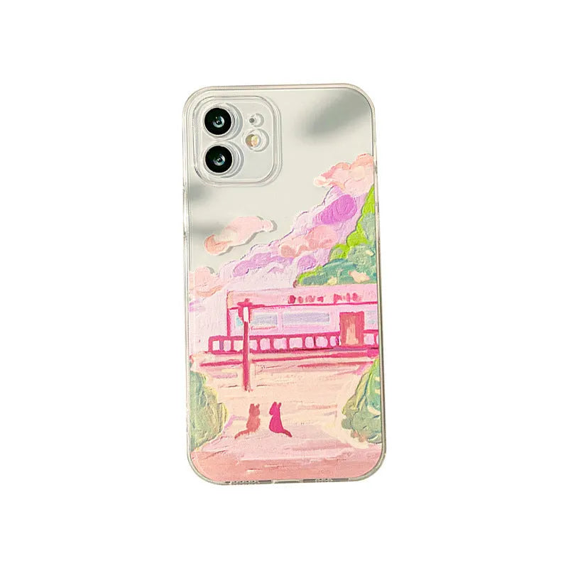 Soft silicone iPhone case with colourful two-cat cartoon design on the back.