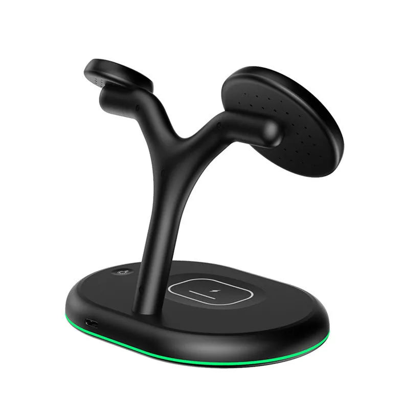 Black magnetic wireless charging stand holding phone upright with included TYPE-C cable