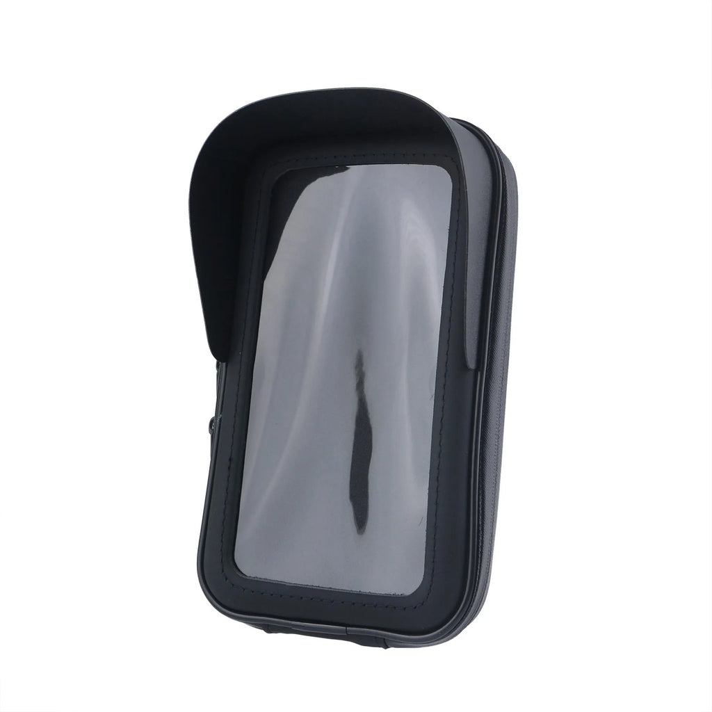 Black bicycle-mounted waterproof phone bag attached to handlebars with 6.5-inch phone capacity
