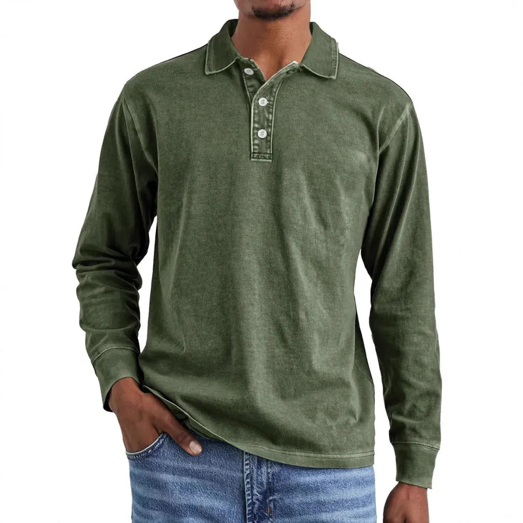 Men's retro-style long sleeve polo shirt in washed cotton with a lapel collar, shown in Army Green.
