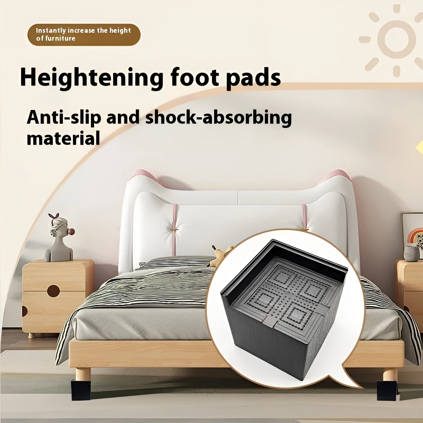 Four black plastic bed foot mats for furniture height adjustment and floor protection