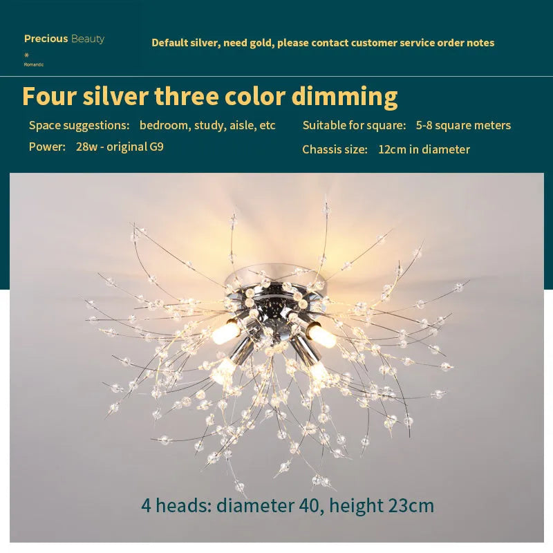 Round dandelion crystal ceiling lamp with four chrome heads and a 40cm diameter