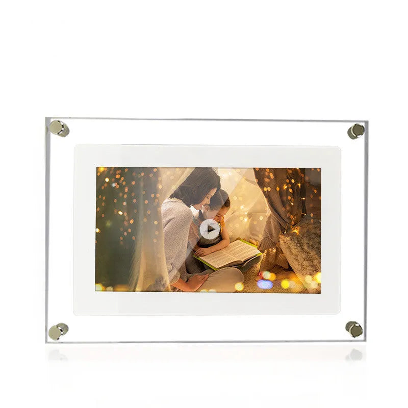 White vertical digital photo frame with 5-inch screen showing family photographs