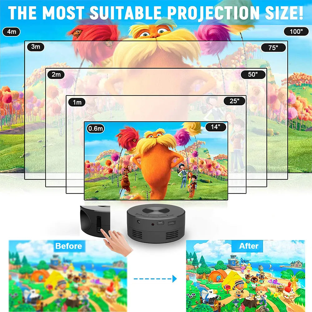 Black mini portable projector for mobile phones measuring 110mm with compact design for children's entertainment