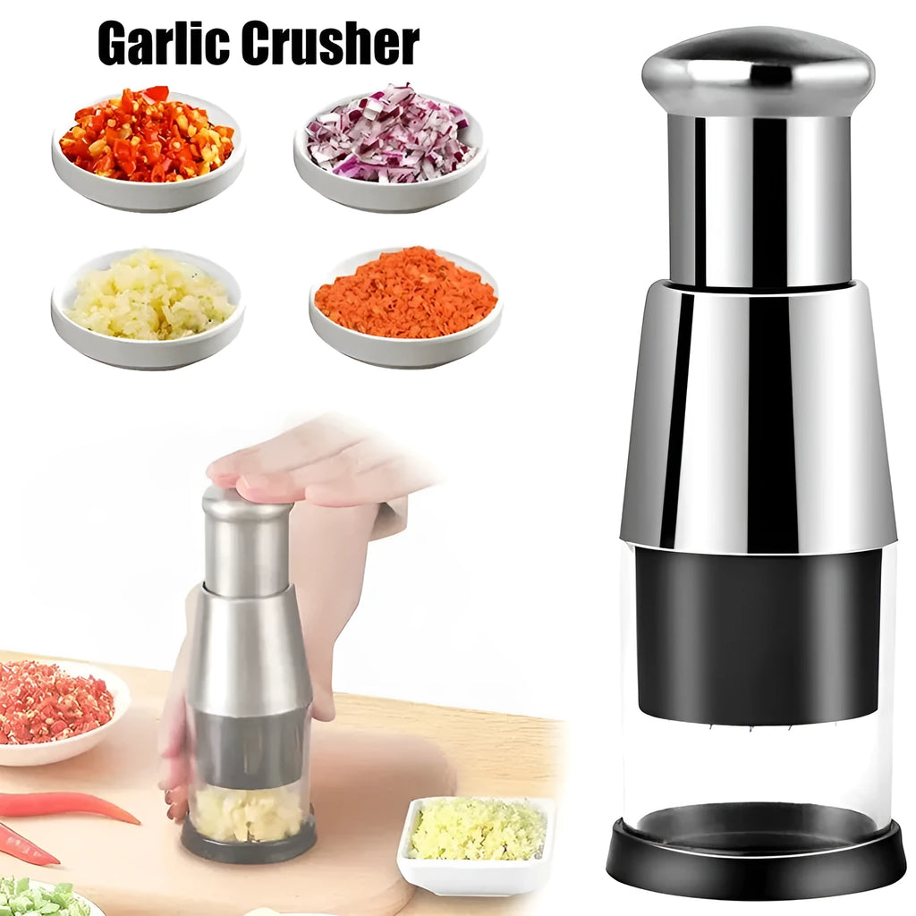 Black manual garlic press with stainless steel blades for chopping vegetables and onions
