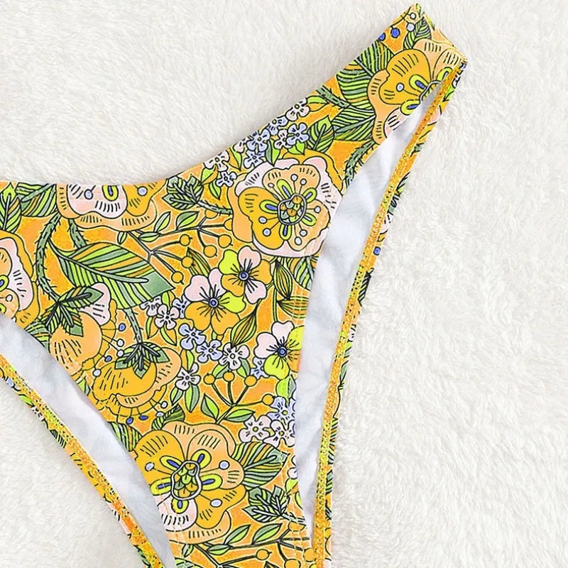 Women's printed two-piece bikini set in polyester, sleeveless sling top and briefs bottom, peacock blue or lemon yellow, sizes S M L